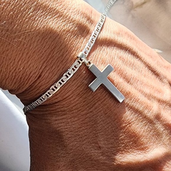 925 sterling diamond cut bracelet with removable 925 solid cross - Picture 1 of 8